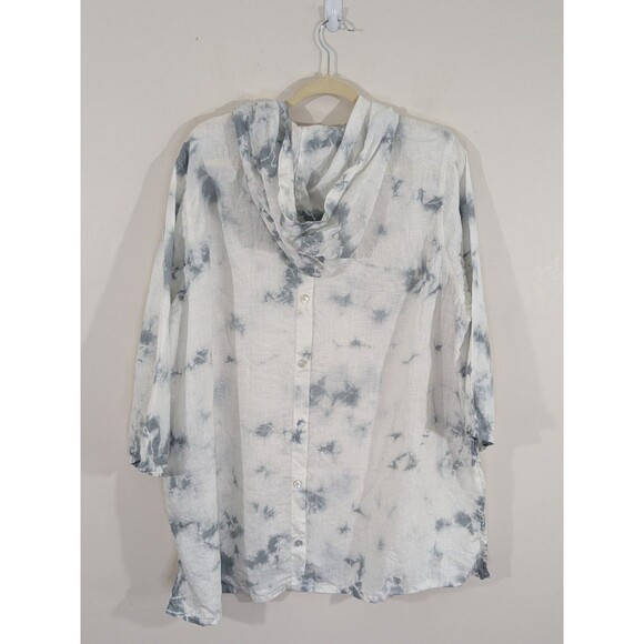 C & C California Linen Hoodie Blouse Sz 2X Tie Dye White Gray Tunic Button Back - Picture 8 of 10